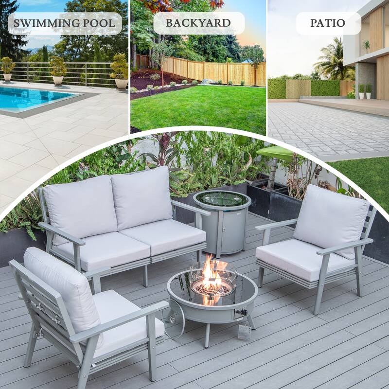 Walbrooke 5-Piece Outdoor Powder-Coated Frame Patio Furniture Set with Fire Pit Table, Tank Holder and Polyester Cushions