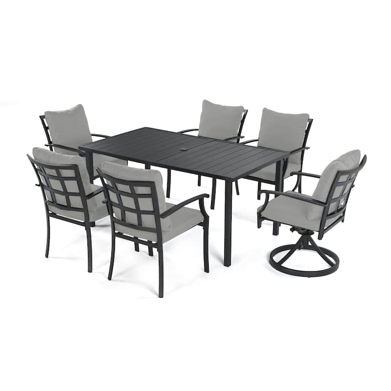 IvyGlow 7-Piece Black Metal Patio Dining Set with Rectangular Table, 2 Swivel Dining Chairs and Gray Cushions