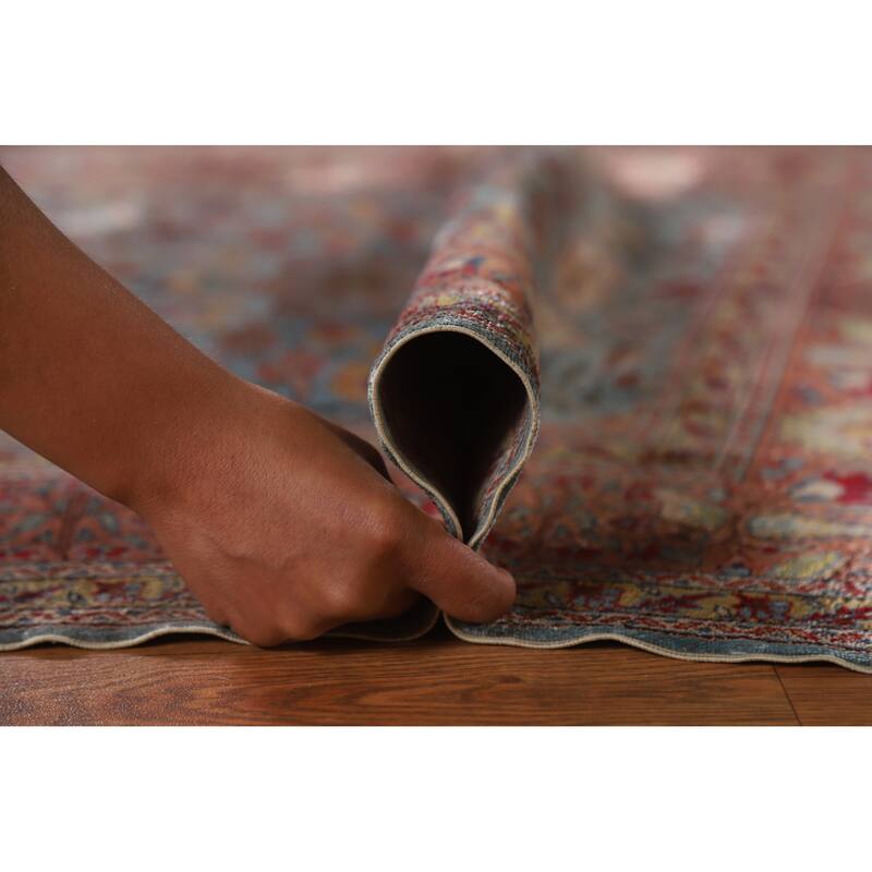 Hand Knotted Oriental Silk Carpet Traditional Floral Navy Blue & Blues Hereke Area Rug - 4' 10'' X 3' 3''