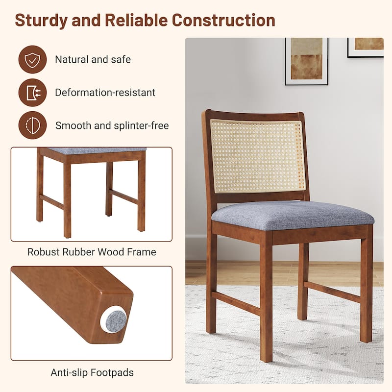 Gymax Rattan Dining Chair Set of 2 w/ Rubber Wood Frame Linen Fabric