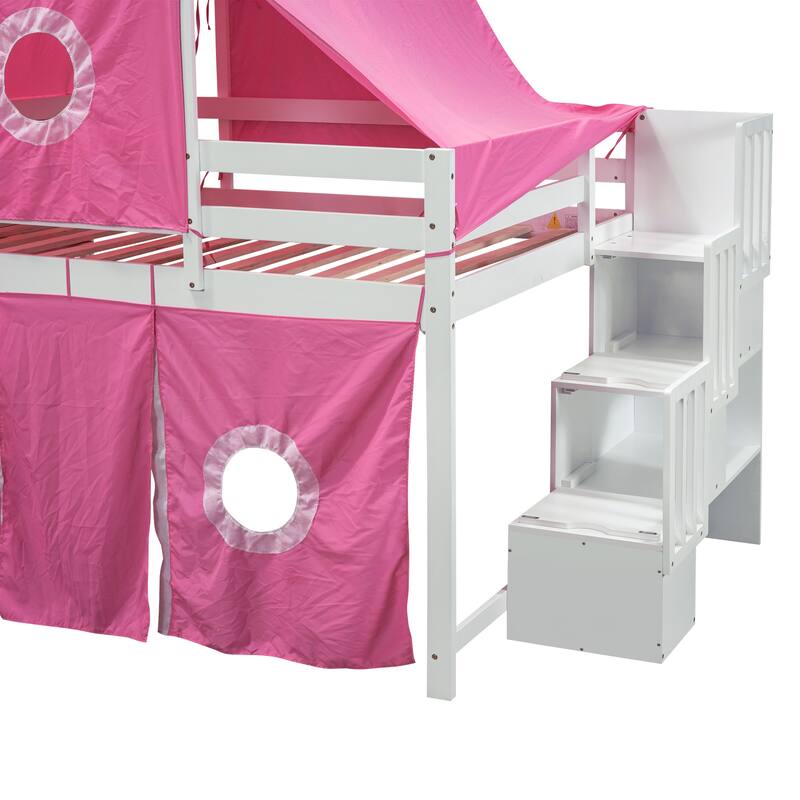 Full Pine Loft Bed with Staircase, Slide, Tent, Tower, and Guardrail