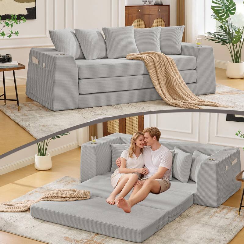 2 in 1 Convertible Sofa Bed, Sleeper Sofa with Storage Pockets, Pull Out Loveseat Couch with Two Cup Holders