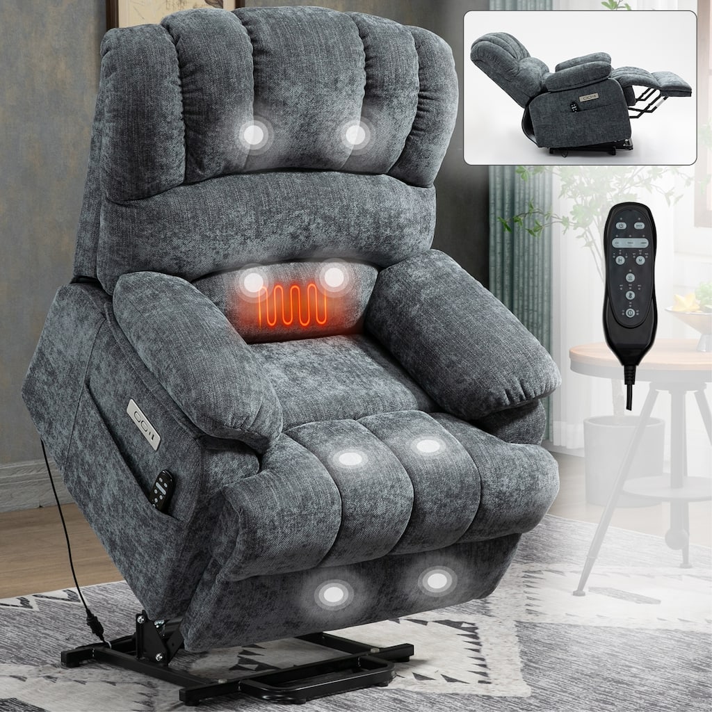 Roomfitters Oversized Power Lift Recliner Chair, Electric Massage Sofa with Heat, Large Chenille Stand Up Armchair, Blue Grey