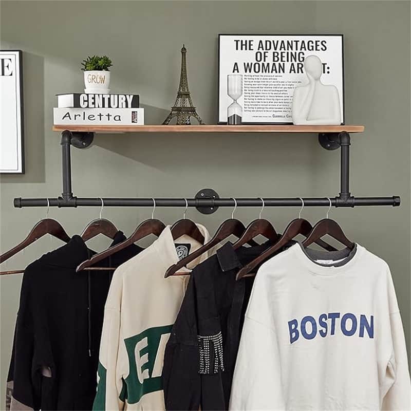 36In Industrial Pipe Clothing Rack with Top Shelf - 11.02"D x 44.88"W x 9.05"H - 11.02"D x 44.88"W x 9.05"H - Brown