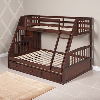 Twin over Full Solid Wood Bunk Bed with Storage Staircase, 3 Drawers ...