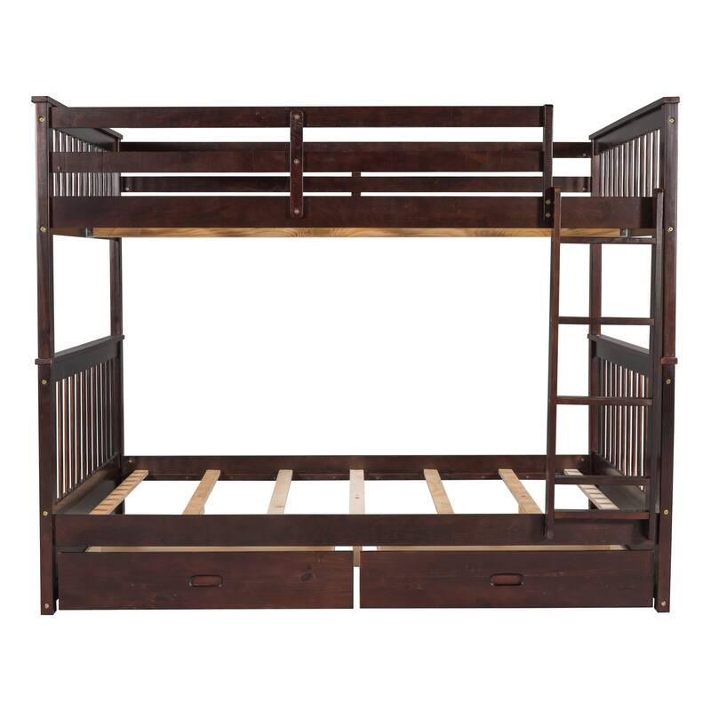 Full Over Full Bunk Bed with Drawers, Full Size Bunk Bed, Solid Wood Bunk Bed Frame with Ladders & 2 Storage Drawers