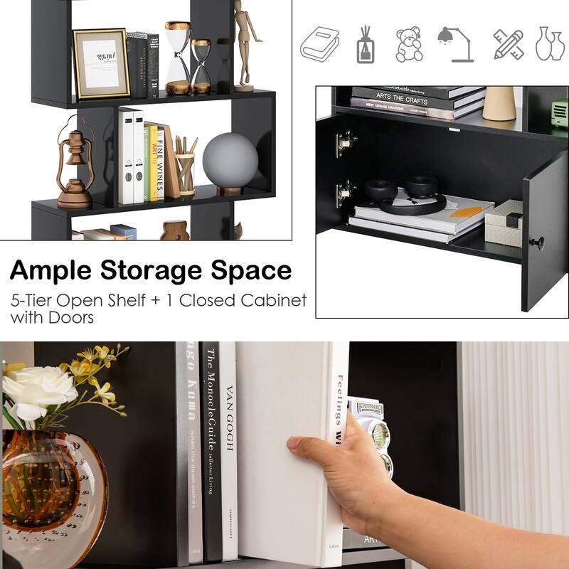 6-Tier Freestanding Modern S-Shaped Bookshelf with Storage Cabinet for Living Room and Office Use - 27.5" x 9" x 72" (L x W x H)