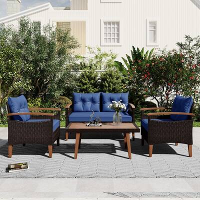 4-Piece PE Rattan Outdoor Sofa Set with Wood Table & Adjustable Legs