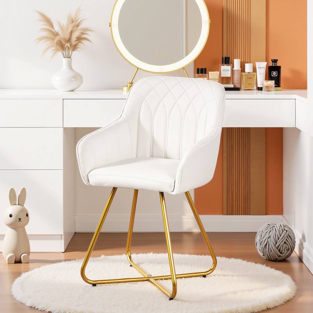 VECELO White Mid-Century Modern Accent Chair PU Leather Vanity Chair with Gold Cross Legs and Wide Armrests for Living Room