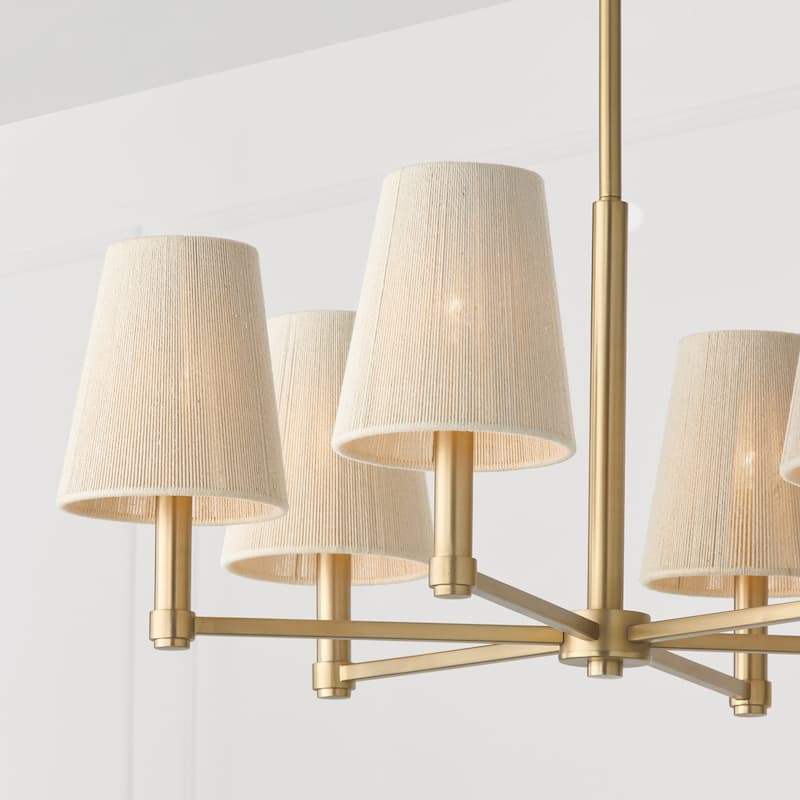 28" W x 36" H 6-Light Chandelier in Matte Brass with Tapered Bleached Natural Rope Shades - 30"W x 13"H