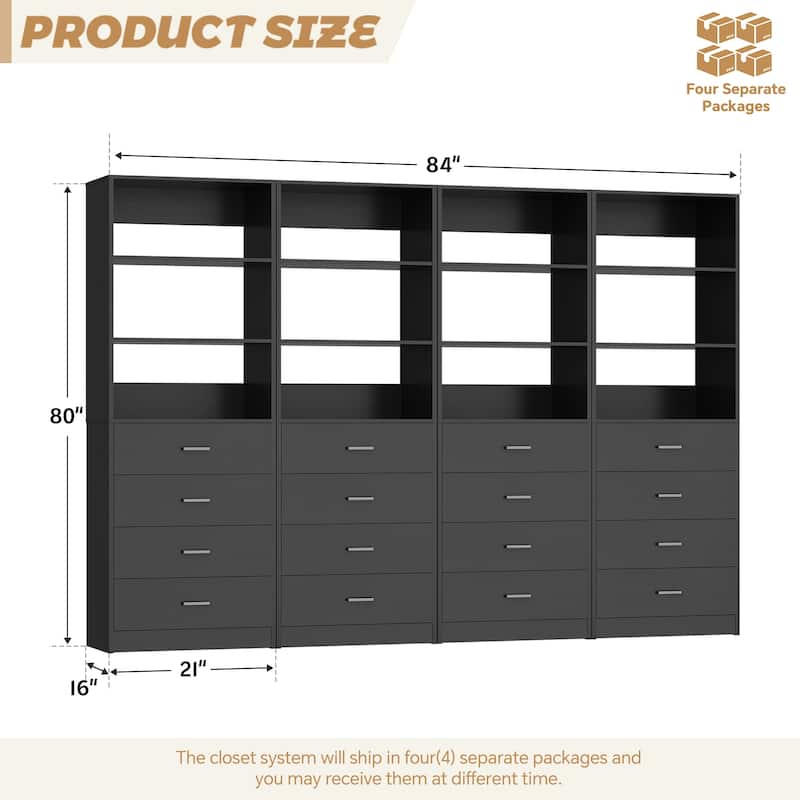 Freestanding Closet Organizer with 4 Drawers and 4 Shelves, Wooden Closet System for Walk-in Closet