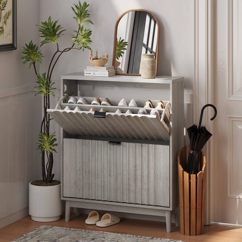 Fluted Shoe Cabinet for Entryway, Slim Shoe Storage Cabinet with 2 Flip Drawer and Solid Wood Legs Narrow Shoe Organizer - gray