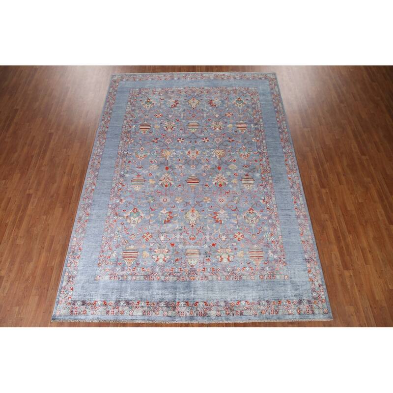 Hand Knotted Oriental 100% Wool Carpet Modern All-Over Navy Blue & Blues Art & Craft Area Rug - 12' 2'' X 8' 9''