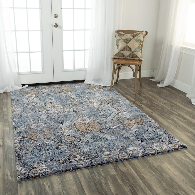 Alora Decor Elect Beige, Tan, Grey, Blue, and Ivory Hexagon Floral Rug - 10' x 13' - Gray