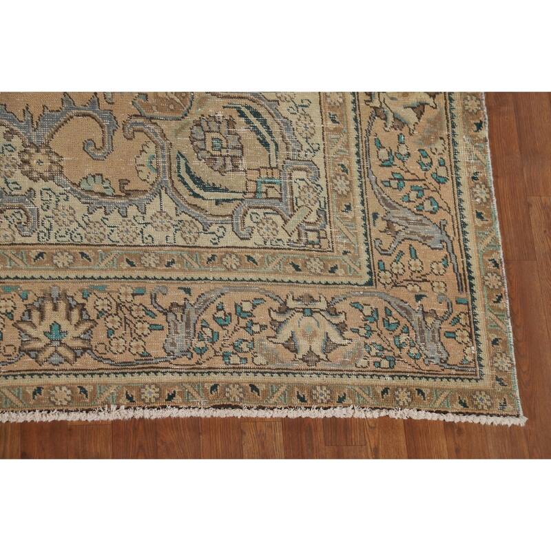 Distressed Tabriz Vintage Persian Rug Handmade Peach Wool Carpet - 9'9" x 12'9"