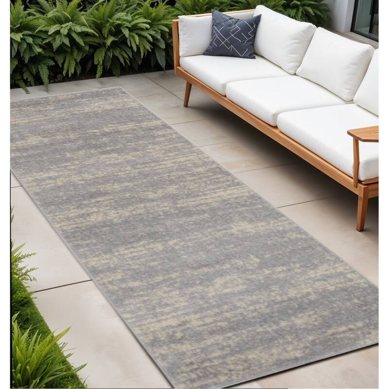 HomeRoots Abstract Contemporary Runner Outdoor Rug - 8' Runner - Beige/Grey - 8' Runner