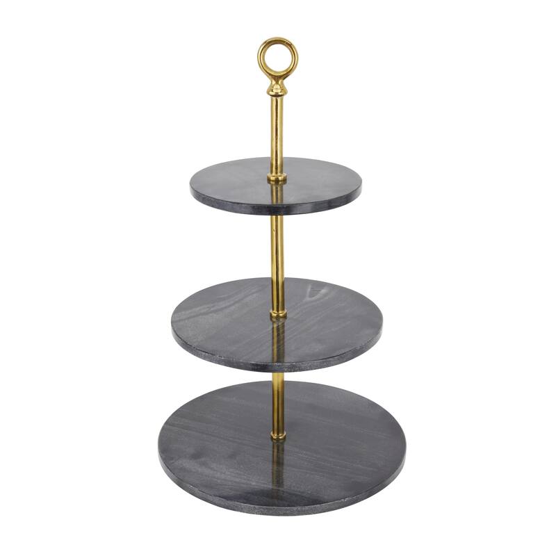 Marble 3 Level Tiered Server with Gold Post - Gray - Roche River Decor - 14"W x 14"L x 27"H