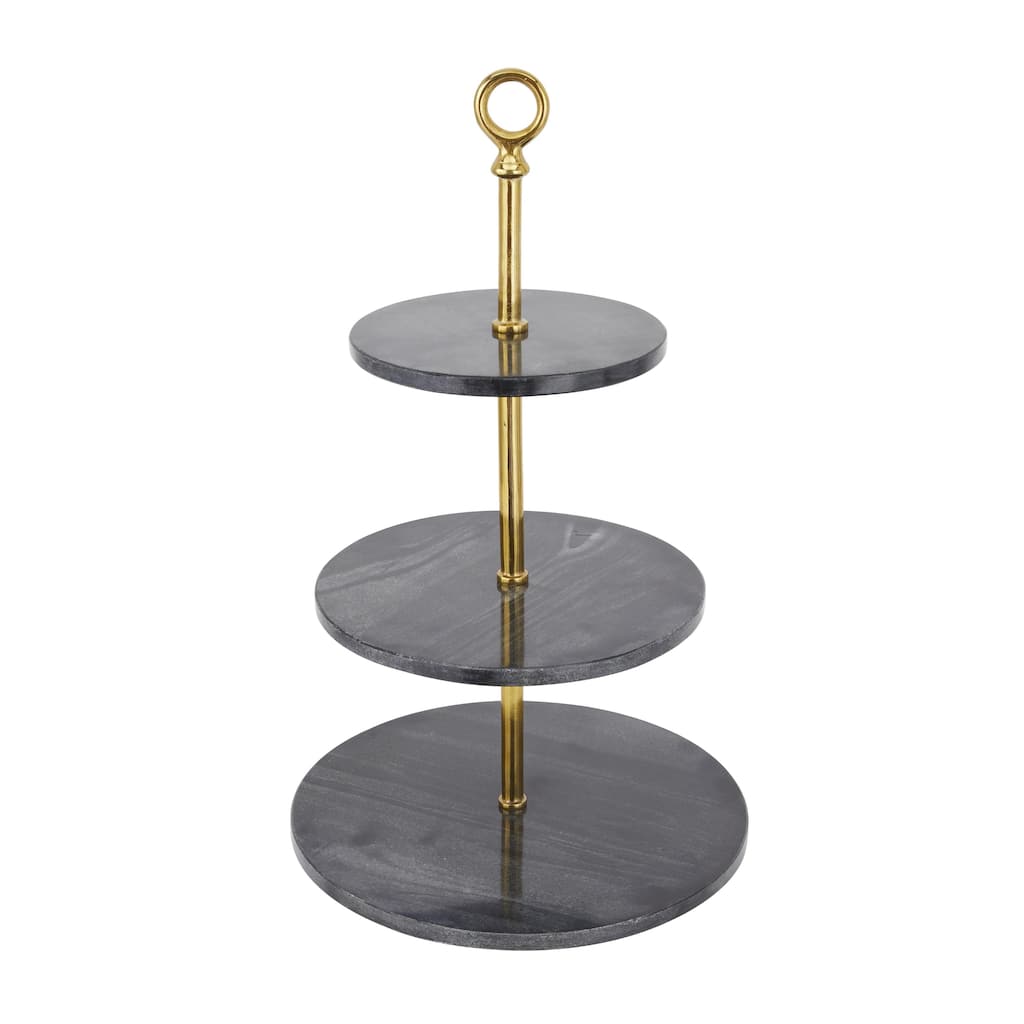 Marble 3 Level Tiered Server with Gold Post - Gray - Roche River Decor - 14"W x 14"L x 27"H