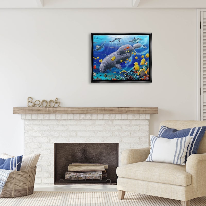 Stupell Industries Manatees & Fish Swimming Framed Floater Canvas Wall ...