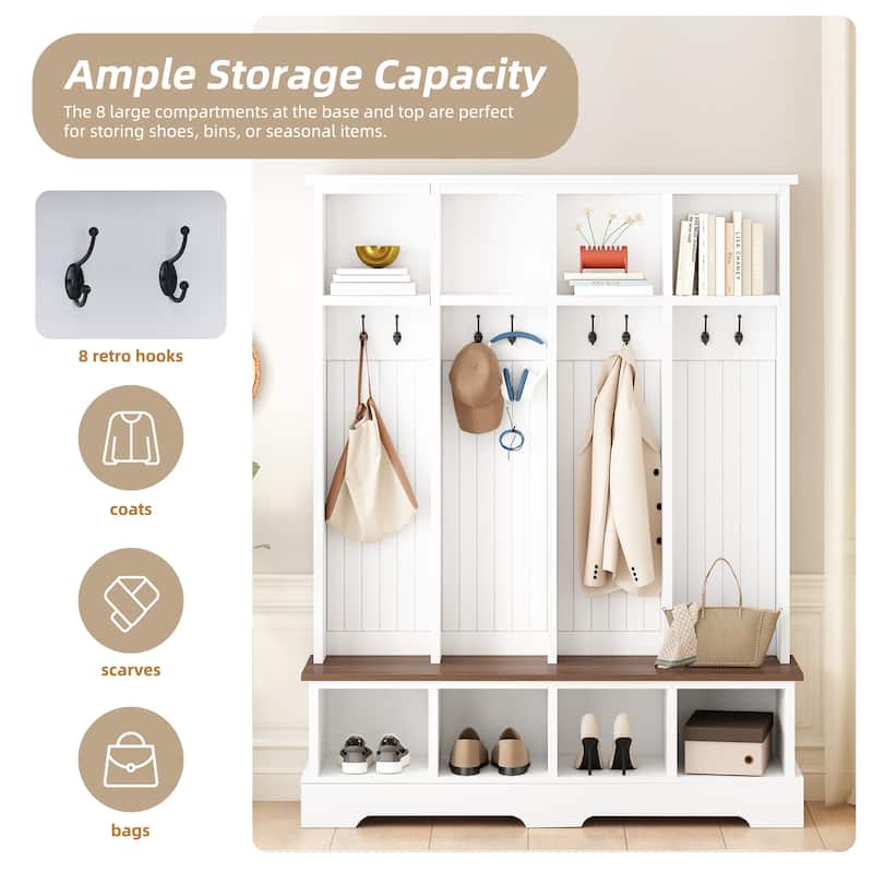 Farmhouse 59" Wide Hall Tree with 8 Hooks - Entryway Bench with Storage, 76.7" Tall Wooden Coat & Shoe Rack for Mudrooms.