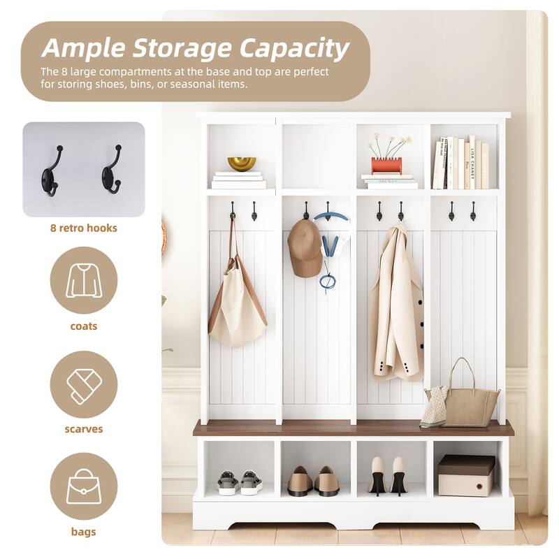 Farmhouse 59"W Wide Hall Tree with 8 Hooks, Practical Entryway Bench with Open Compartments