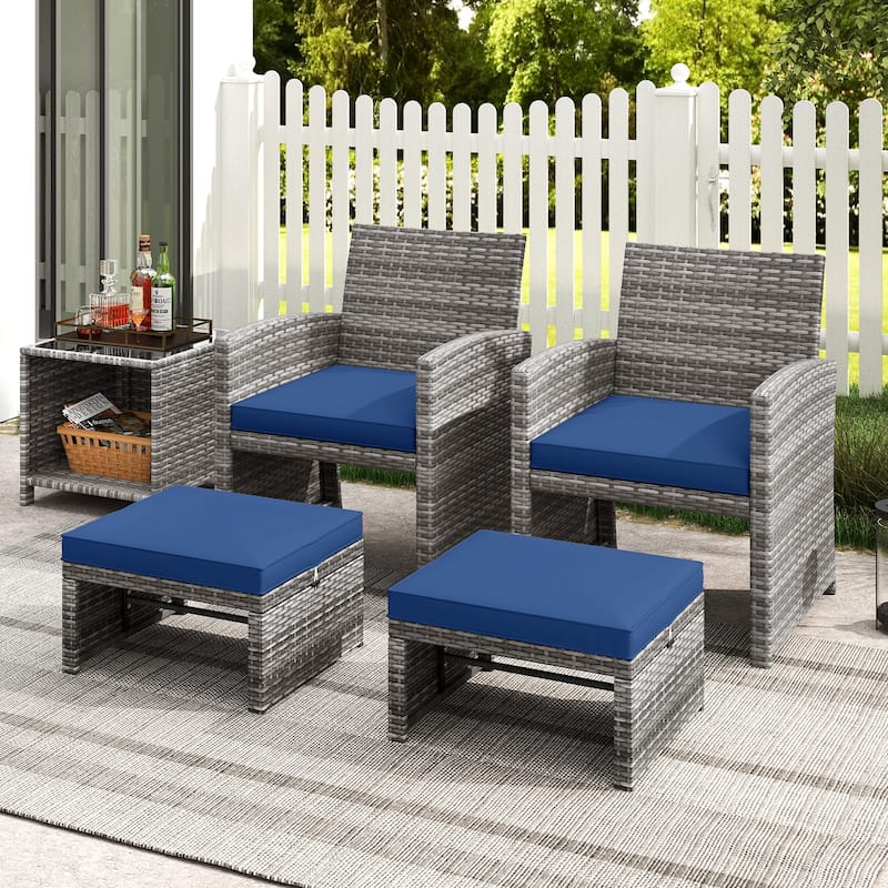 PE Rattan Outdoor Ottomans with Cushions, Footrest Seats or Tables - 16" L x 19" W x 9.5" H