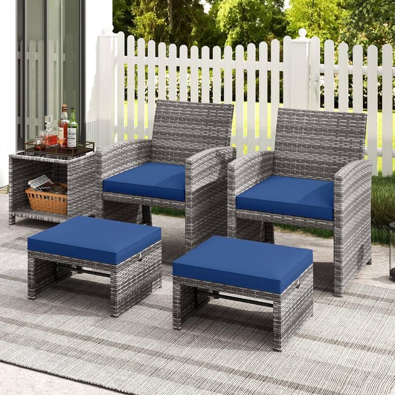 Gymax 2 Pieces Patio PE Rattan Ottomans with Soft Zippered Cushions