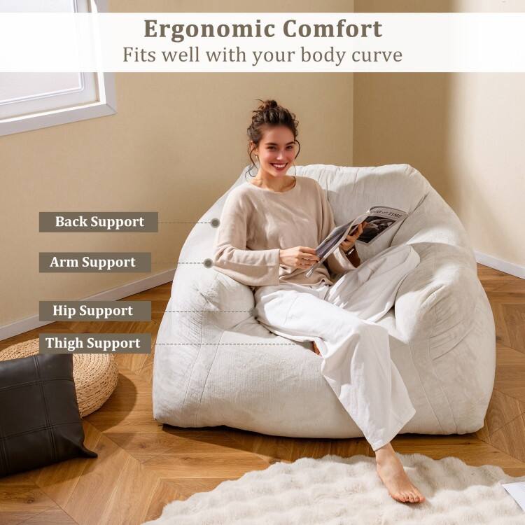 Beige Velvet Bean Bag Chair with Ergonomic Design and Padded Armrests - 51" x 44" x 27"