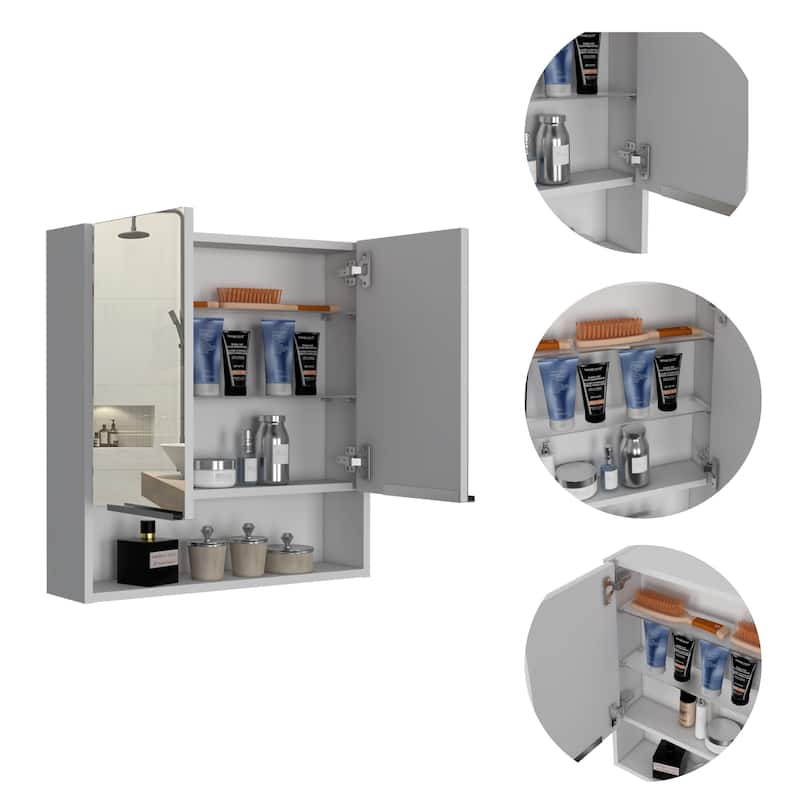 Mirror Cabinet - Double Doors, 3 Internal Shelves, 1 Open Shelf, Wall-Mounted Bathroom Storage