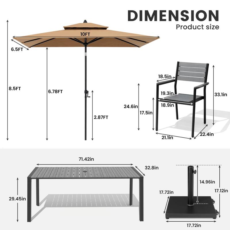 9/11-Piece Patio Dining Set Aluminum Dining Table and Chairs w/10 ft Market Umbrella and Base with Wheels