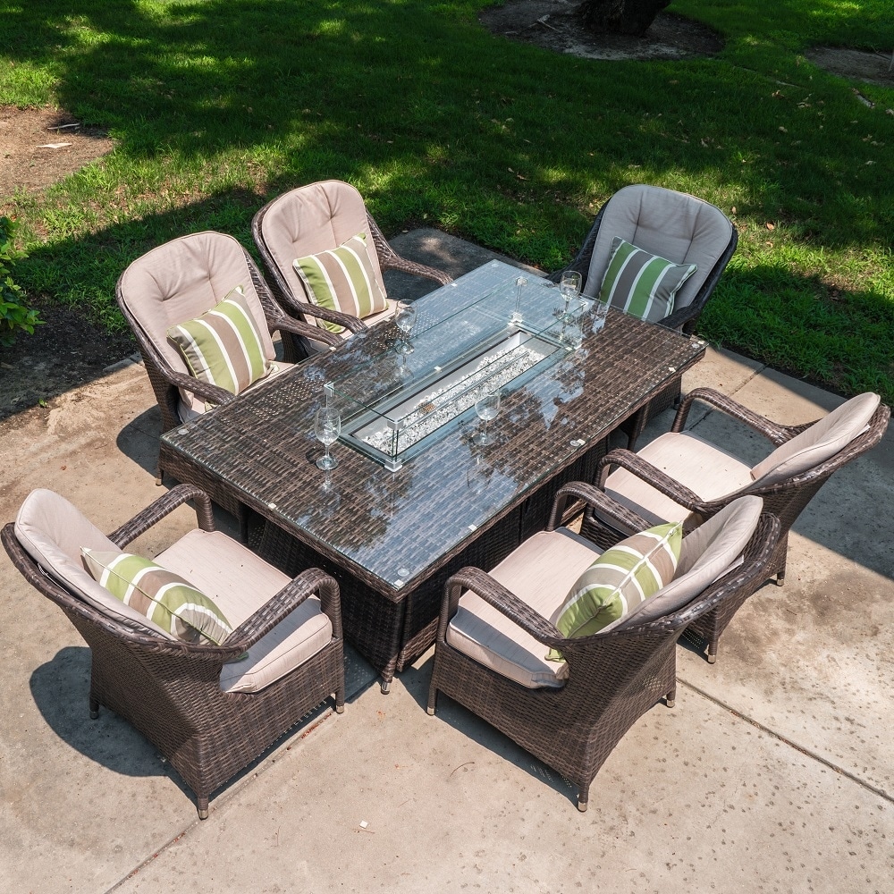 7 Pc Outdoor Wicker Rectangular Gas Fire Pit Table Set with 6