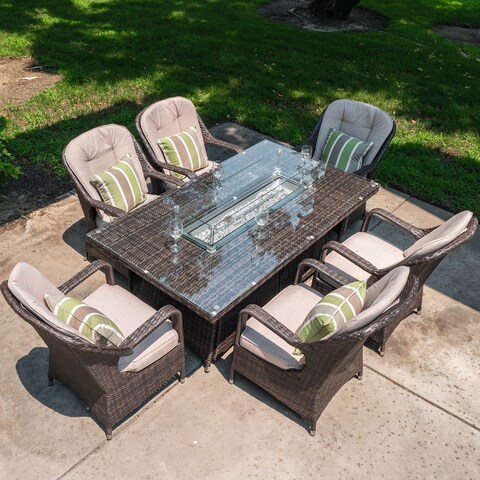 7-pc. Outdoor Wicker Rectangular Gas Fire Pit Table and 6 Armchairs