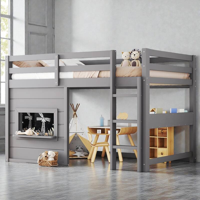 Twin/Full Loft Bed with Sliding Chalkboard, Built-in Bookshelf, Solid Wood Frame & Safety Guardrails, Kids Playhouse Bed