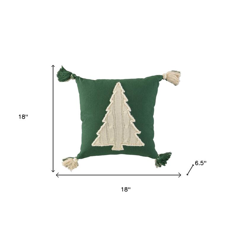 18" Green And Ivory Cotton Christmas Tree Throw Pillow with Tassels