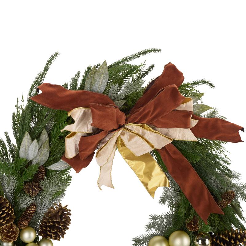 SAFAVIEH Home Faux 34-inch Pine Needle Wreath With Ornaments And Ribbon & Pine Cone