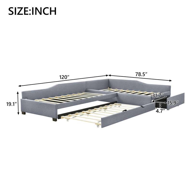 Upholstered Twin Daybed with Trundle and Drawer, Double Twin Linen Sofa Bed No Box Spring