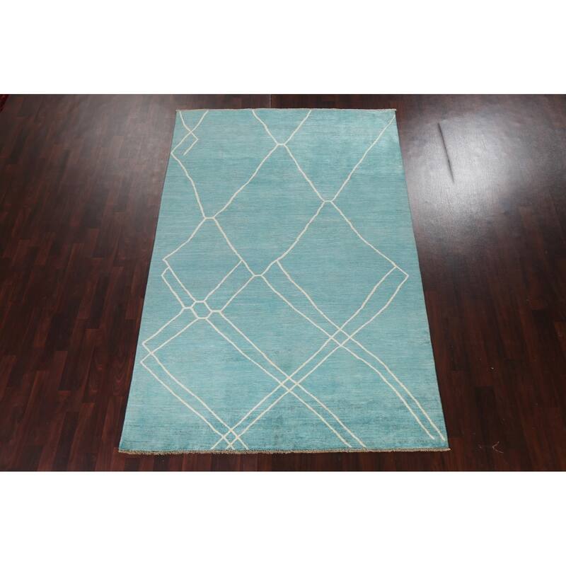 Turquoise Moroccan Vegetable Dye Oriental Wool Area Rug Hand-knotted - 6'4" x 9'8"