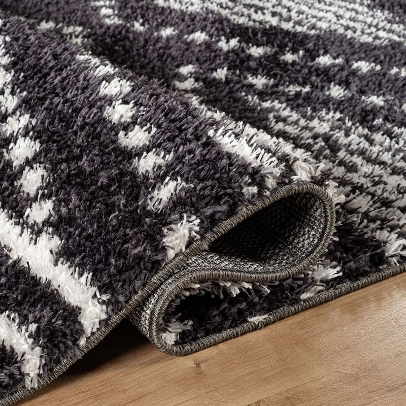 Geometric Shag Area Rug - Durable for Living Room, Bedroom - Polyester with Jute Backing - Anthracite Dark Gray and White