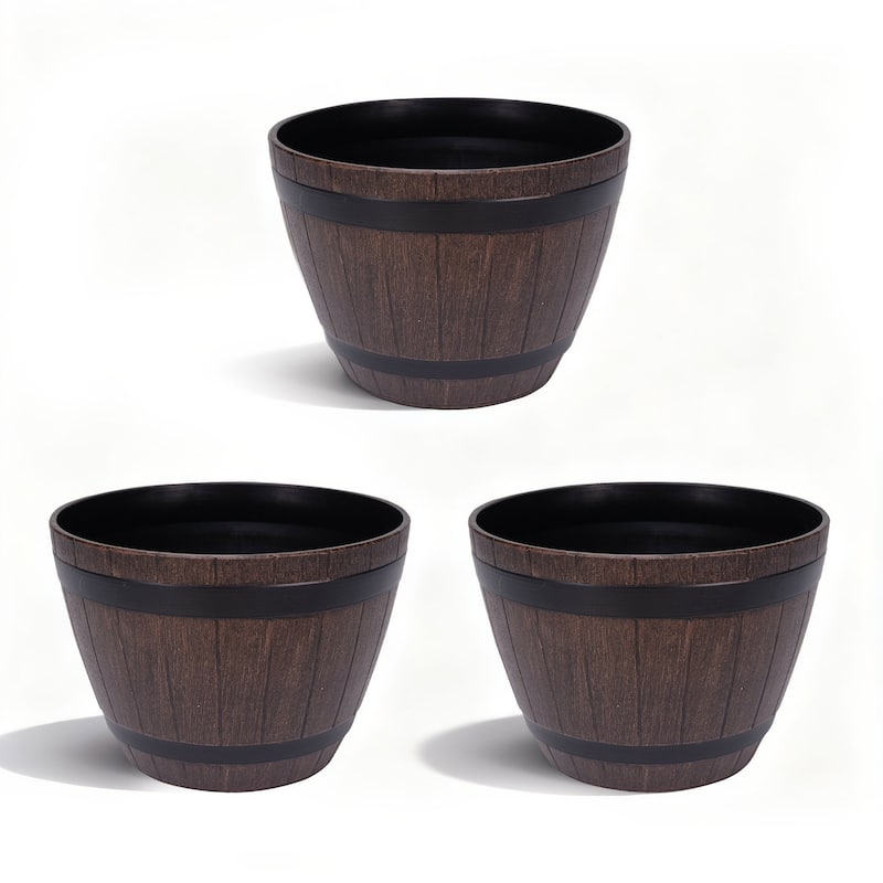Javlergo 3 Pack 13" Planter Plastic Whiskey Barrel Planter with Drainage Holes & Black Saucers for Indoor Outdoor Use