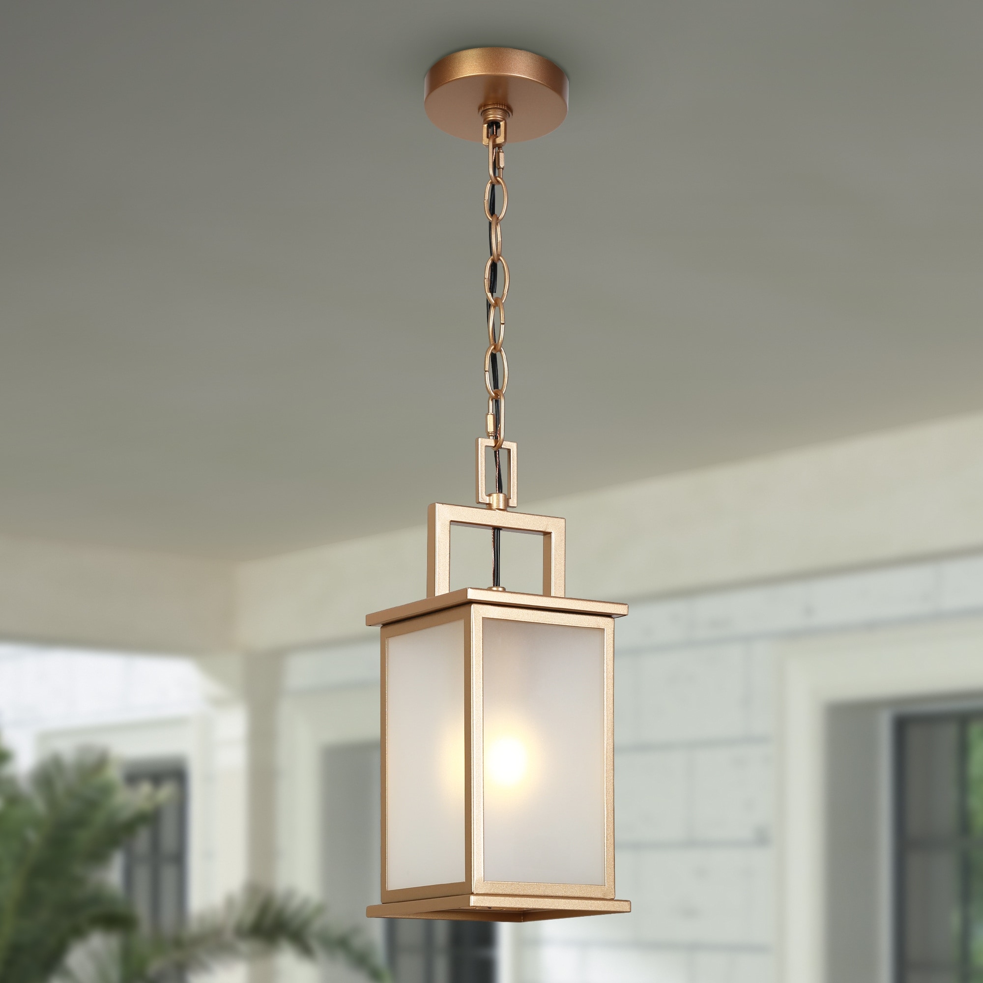Modern Soft Gold 1-Light Square Frosted Glass Outdoor Hanging Pendant Light for Porch - D 5.5" x H 13.8"