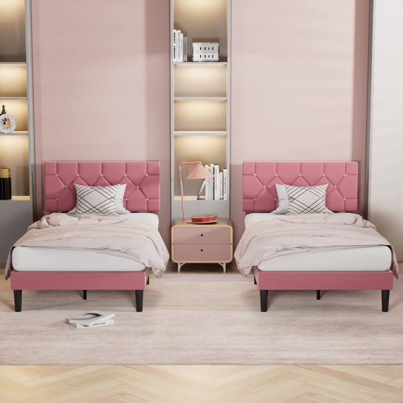 VECELO Upholstered Kids Bed Frame with Diamond Tufted Headoard,Twin Size Bed Set of 2
