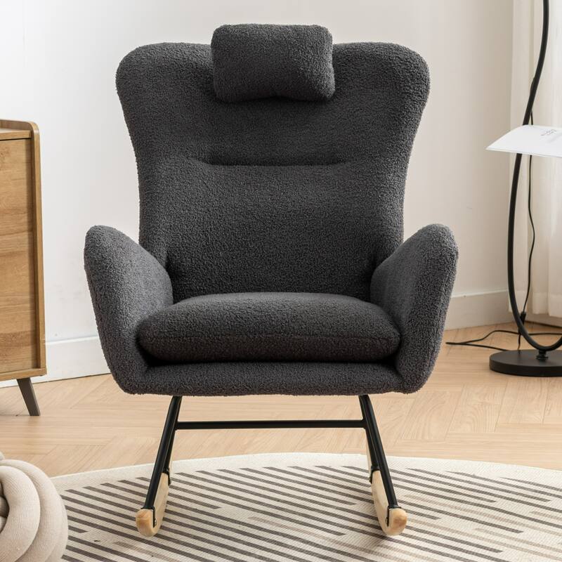 Teddy Fabric Wingback Rocking Chair for Nursery with Safe Solid Wood Base
