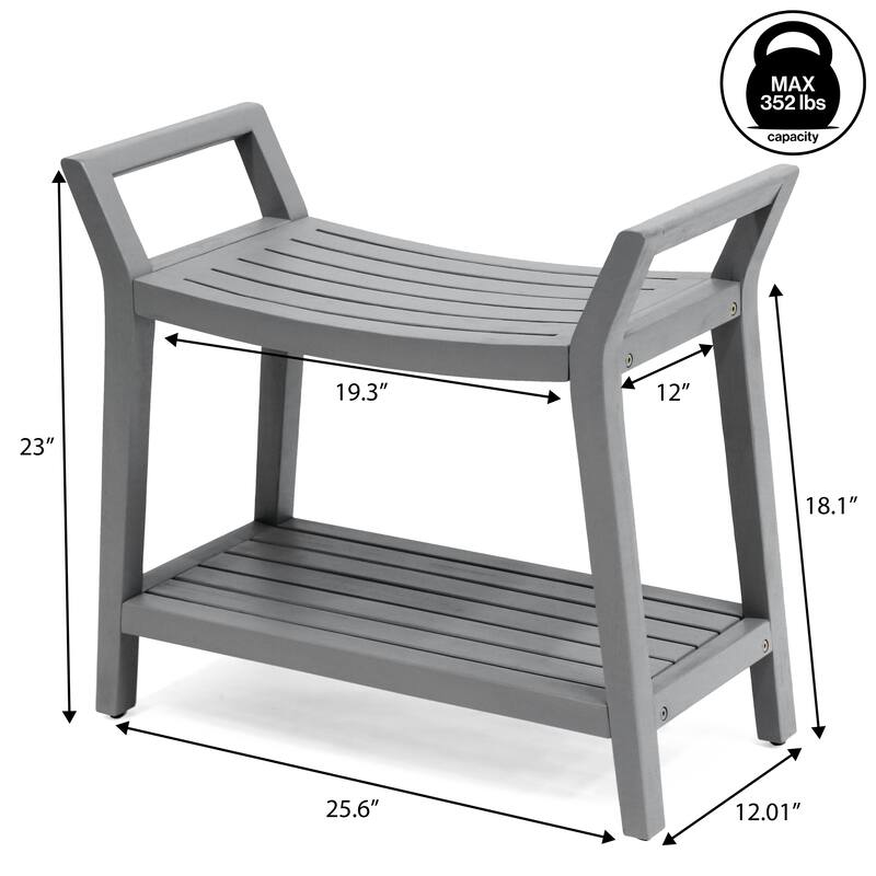 Orla 25.6" Slatted Solid Acacia Wood Indoor/Outdoor Shower Bench, Shelf, Handle, By JONATHAN Y - 25.59L x 12.01W x 23.03H