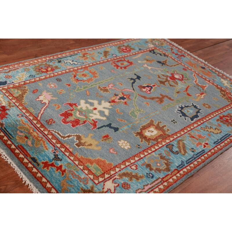 Blue Oushak Oriental Rug Hand-Knotted Wool Carpet - 4'1"x 5'11"