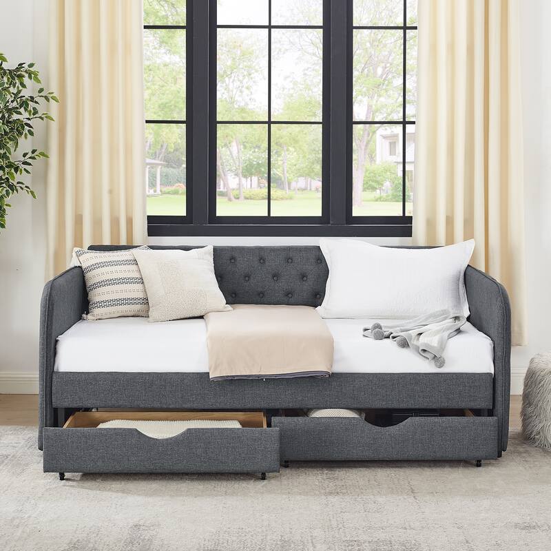 Roomfitters Twin Upholstered Daybed with Trundle, Underbed Storage and Flat Arms with Side Pocket, Extendable Design