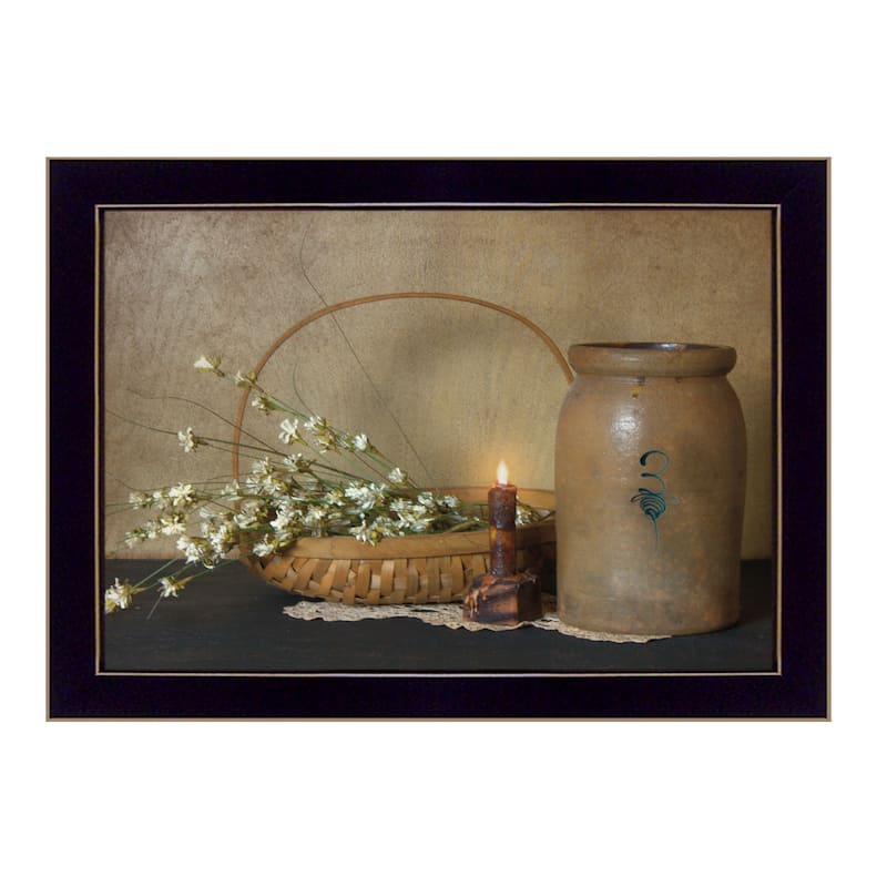 TrendyDecor4U Farmhouse "Basket of Flowers" Framed Print Wall Art by Susie Boyer - Brown, White, Blue, Tan, Earth Tones - Black