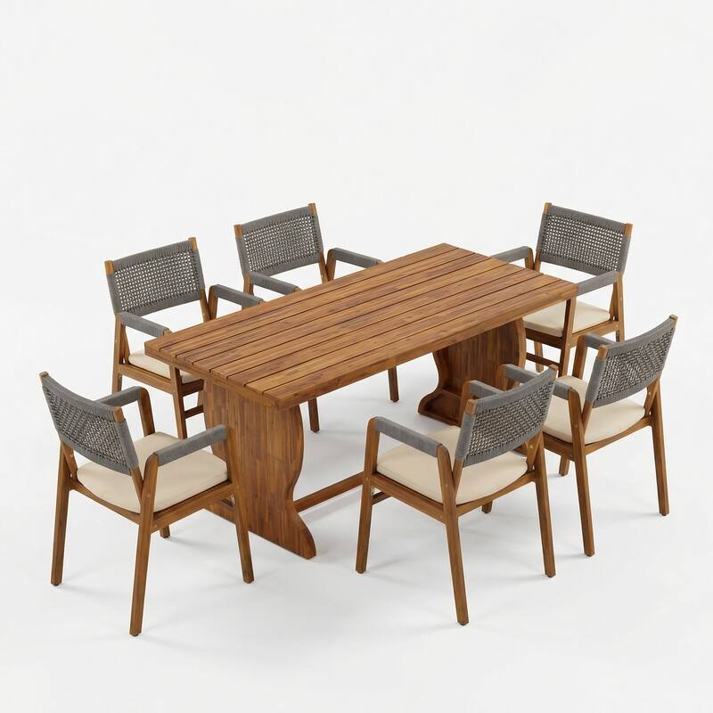 Christopher Knight Home - Arden Rustic 7-Piece Acacia Wood Outdoor Dining Table Set with Rope Woven Dining Chairs and Cushions