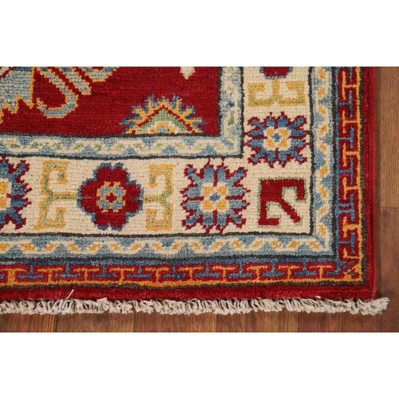Geometric Red Kazak Oriental Foyer Rug Hand-Knotted Wool Carpet - 2'7" x 4'1"