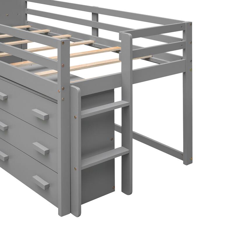 Compact Twin Loft Bed with Storage Cabinet and Shelf in Gray