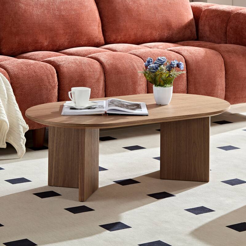 Length 39.37 Inch Modern Coffee Table,MDF Oval Coffee Table for Living Room,Small Coffee Table with Sturdy Pedestal